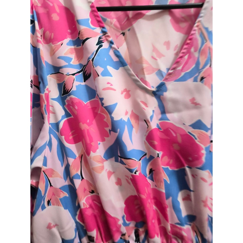 Easel Pink Blue Floral Smocked Waist V-Neck Long Sleeve Tiered Dress Large - Picture 2 of 5